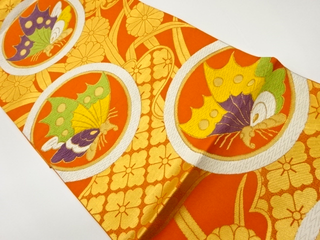 蝶に丸文・菊・花菱模様織出し袋帯